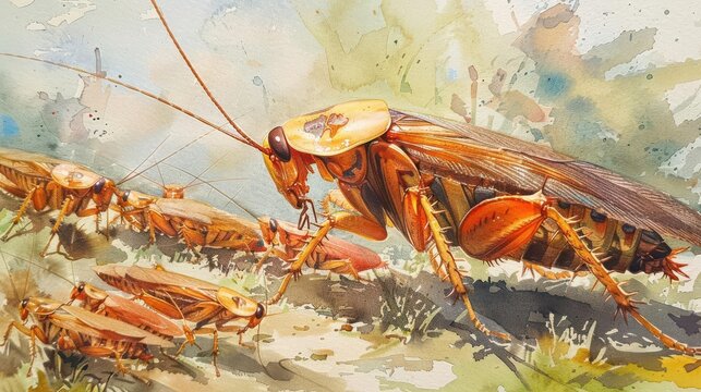 Adult cockroaches with nymphs, watercolor creating a sense of community and growth