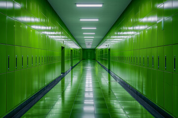 Fototapeta premium Green Corridor with Lockers: A Modern Architectural Interior