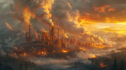 Fototapeta premium A large industrial complex emits plumes of smoke into the air against a backdrop of mountains at sunset.