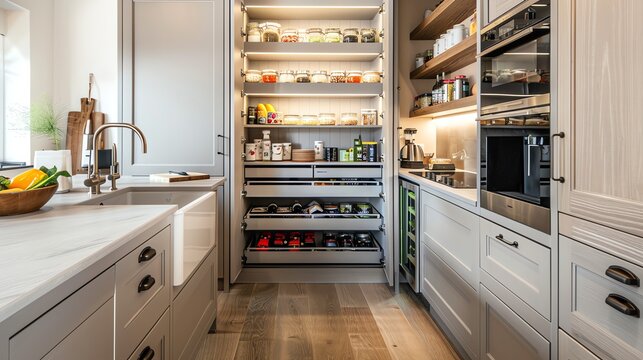A kitchen with a builtin pullout pantry