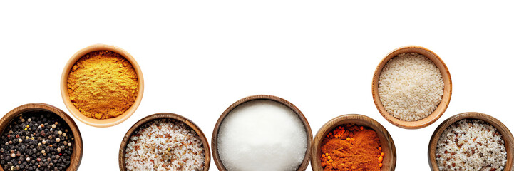 Colorful spices and herbs in wooden bowls. Overhead view of an assortment of spices and herbs in wooden bowls set against a white background with copy space.