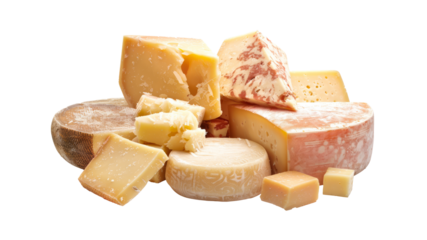 Assortment of delicious cheese on white background. A variety of hard and soft cheeses, perfect for food photography, menus, and culinary projects.