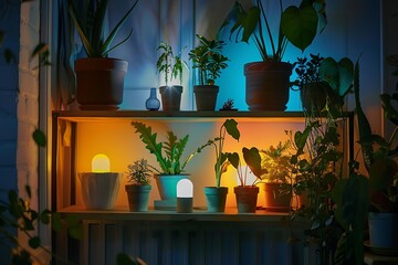 Beautiful potted houseplants on shelf in room, closeup