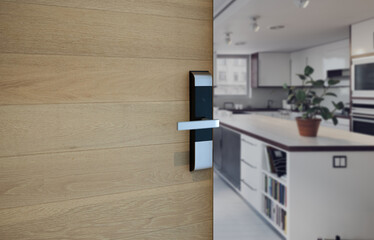 Electronics door locking on wood door in front of blur kitchen background. Digital keyless system for security of apartment, home or condominium