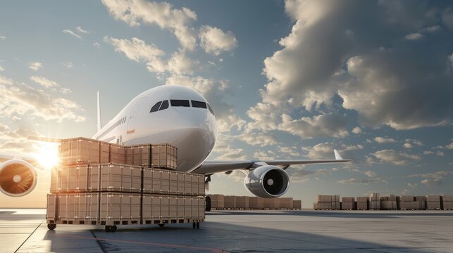 Jetliner on the runway, freight containers being managed by ground crew, aviation logistics operations under bright sunlight, efficient cargo handling