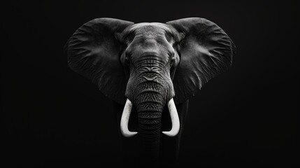 Majestic elephant head in black and white, frontal view, emphasizing detailed skin textures, tusks, and deep wrinkles, on an all-black background