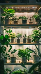 Beautiful potted houseplants on shelf in room, closeup