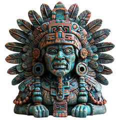Fototapeta premium Statue of an aztec deity. Ancient realistic sculpture of aboriginal man with feather headdress and ethnic clothing in mesoamerican mayan style for worship and religious rituals