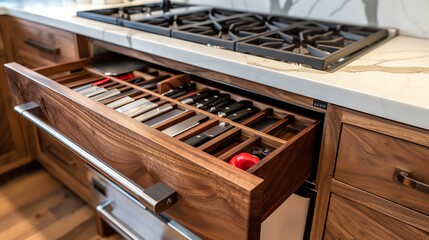 A kitchen with a custom knife block drawer