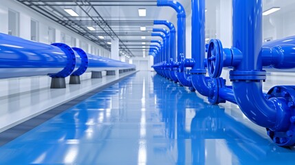 Obraz premium Industrial pipes and blue valves in a pristine facility, a testament to technical innovation and industrial efficiency, sleek design and immaculate environment, cutting-edge technology on display