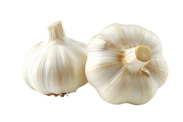 Obraz premium Two garlic bulbs on white background. Two whole garlic bulbs with papery skin, isolated on a white background. Fresh and ready to use in cooking.