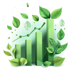 Eco-friendly growth concept with growing green bars and leaves, symbolizing sustainable development and environmental progress.
