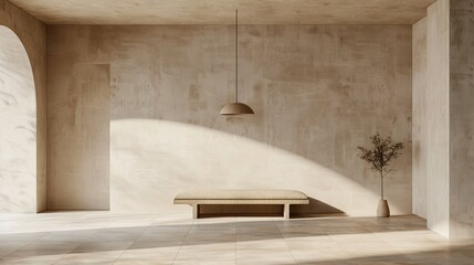 Sunlight Illuminates Minimalist Interior With Bench and Pendant Light