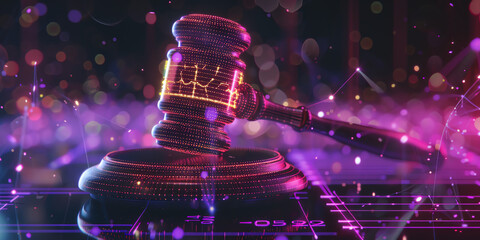 Futuristic concept of digital law, showcasing a glowing gavel with neon lights and digital elements, representing technology in the legal industry.
