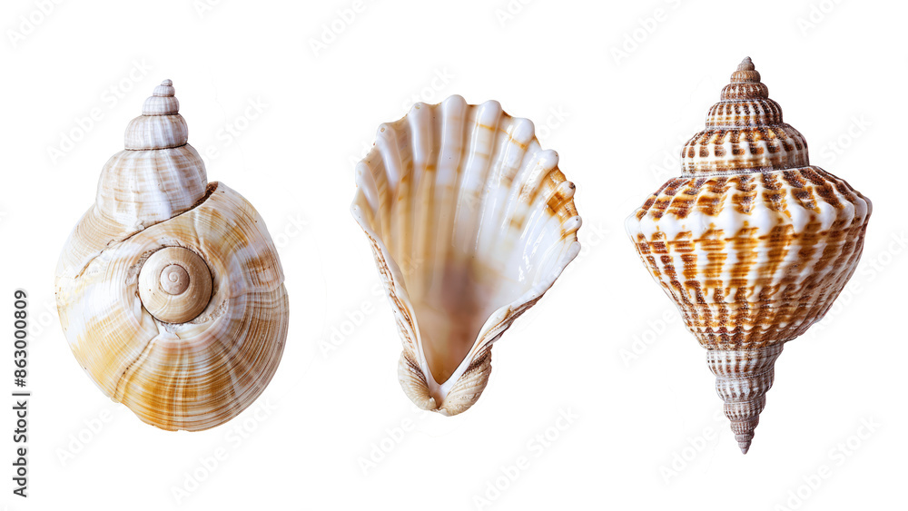 Poster Three seashells isolated on white. Three different empty seashells, isolated on a pure white background, with a clipping path