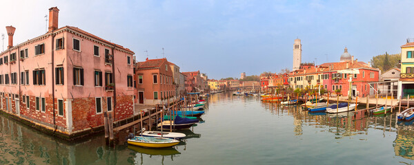 Panoramic Scenic view of the canal and the Church of San Pietro di Castello in Venice, Italy