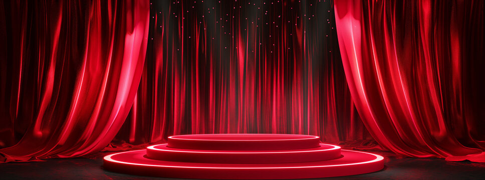 Red stage with red curtain and light bulbs. theater, show or festival background with empty podium for product presentation
