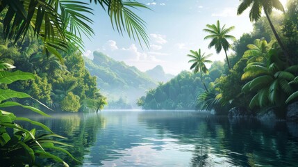 Obraz premium Illustration of Isolated bay with calm waters and lush jungle surroundings