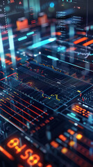 High-tech digital interface display with futuristic data visualizations and glowing graphical elements for technology background.