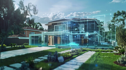 Modern house design with futuristic 3D digital overlay, showcasing advanced smart home technology and innovation in architecture.