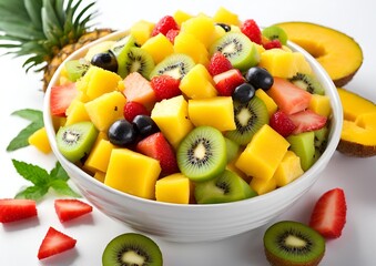 Tropical Fruit Salad - A Refreshing Mix of Mango, Pineapple, and Kiwi_ on white background