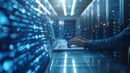 Close-up of hands typing on laptop in server room.