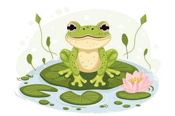 Cartoon green frog sitting on a lily pad in a pond with pink water lily and green leaves.