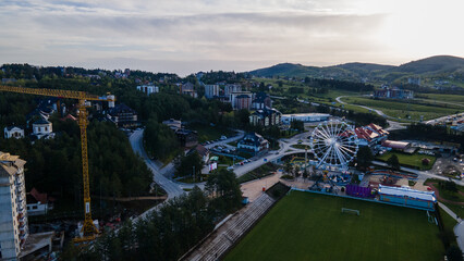 Aerial view of Zlatibor, an Serbian town, known for its food, and beautiful nature, and its ski slopes. Panorama of the all season resort Zlatibor in Serbia.