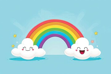 Cheerful cartoon clouds and a vibrant rainbow with stars on a light blue background. Perfect for kids' themes and joyful designs.