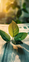Young green plant growing through financial newspaper symbolizes growth, eco-friendly business, and sustainability in finance marketing.