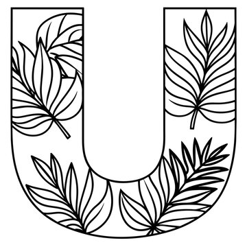 black and white letter u with leaves clip art preview