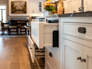 A kitchen with a pullout trash can