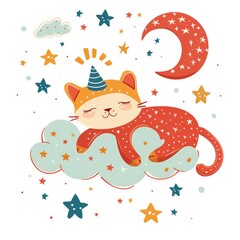 Adorable Kitten Napping on a Cloud, Dreamy Cat Sleep Illustration