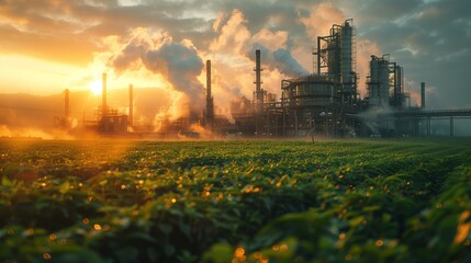 Obraz premium Industrial plant with smoking chimneys against a sunset sky in a green field, juxtaposing industry and nature.