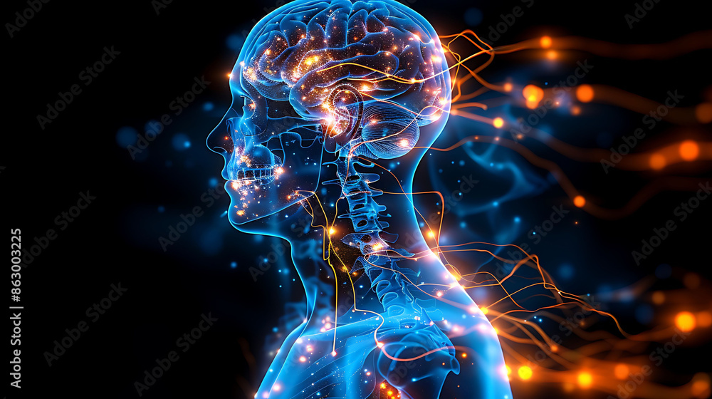Poster man tourette syndrome glowing depiction of the brain showing areas involved in tics and involuntary 