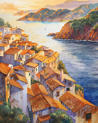 Charming coastal village with terracotta rooftops and serene water, surrounded by lush hills at sunset, picturesque and tranquil scenery.