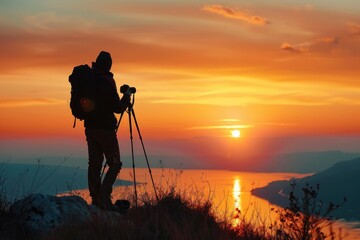 Photographer silhouette against sunset backdrop.