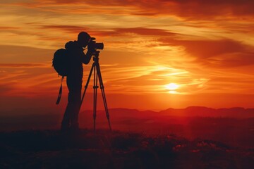 Photographer silhouette against sunset background.