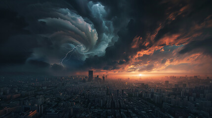 Dramatic cityscape at sunset with storm clouds and lightning, capturing the contrast between the natural elements and urban environment.