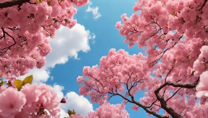 The blue sky is visible through the pink flowering tree branches in the park. Conceptual metaphor for green city life. Looking up.