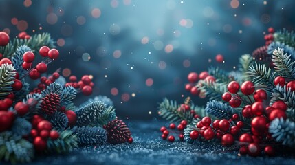 Festive Evergreen Branches With Red Berries and Sparkling Lights on a Blue Background