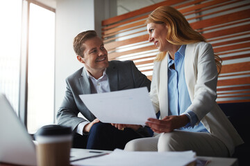 Paper, report and business meeting by people in office with finance, documents or investment research. Economy, collaboration and girl with accountant mentor for pc, training or proposal feedback