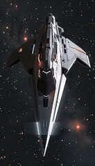 Futuristic spaceship navigates through a starry deep space environment, showcasing advanced technology and sleek design.
