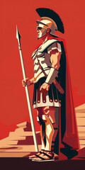 Illustration of an ancient Greek warrior in armor holding a spear, set against a warm, stylized background, evoking historical grandeur.