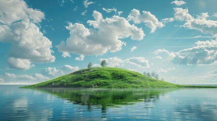 Fototapeta premium Green grasshopper Island surrounded by lush green grass reservoir with a backdrop of a stunning blue sky and white clouds with space for text