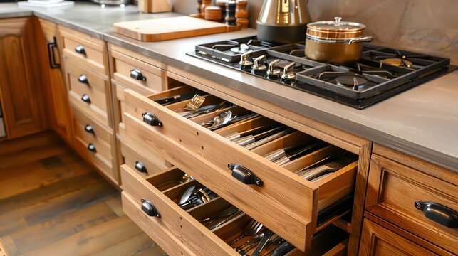 A kitchen with custom drawer organizers for utensils
