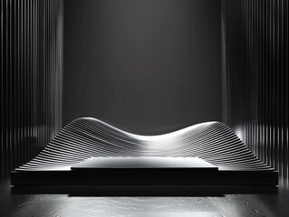 Modern abstract architectural design with dynamic wavy lines and minimalistic lighting in a monochrome color scheme.
