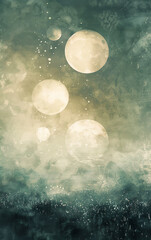 Surreal dreamy moonlit night sky with multiple glowing moons and abstract stars in a tranquil, mystical atmosphere