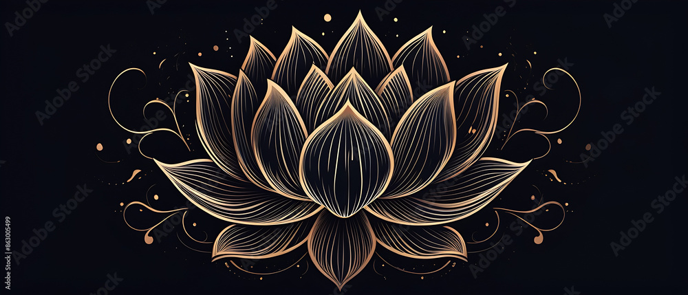 Sticker stylized lotus flower illustration on black background.