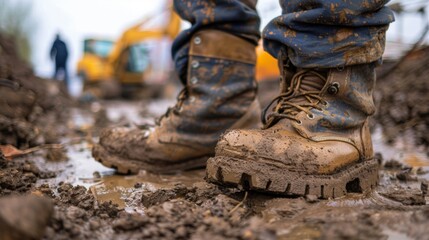 A close-up of muddy construction boots on a worker at a construction site